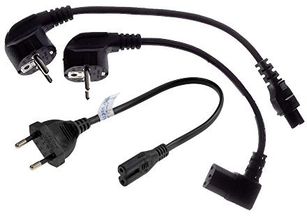 Netzkabel-Set: 3 Stromkabel, 1x gew. Schutzkontaktstecker Typ E+F auf gew. Kaltgerätebuchse, 25cm + 1x Flachstecker auf Euro-8, 30cm + 1x Schutzkontaktstecker gew. auf Kleeblatt, 30cm. schwarz