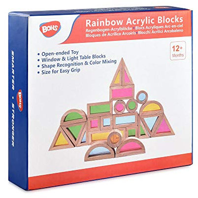 BOHS Regenbogen-Lichtblöcke (24 Stück) - Holzspielzeug für Kleinkinder - Spielen Sie auf Leuchttisch/Sonniges Fenster