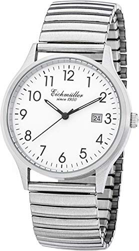 Eichmüller Klassische Herren-Armbanduhr aus Edelstahl 38 mm Echtleder/Metallarmband 5 ATM Quarz Tag und Datum, Silber/Weiß/Flexband gefrostet, mit Datum, Armband