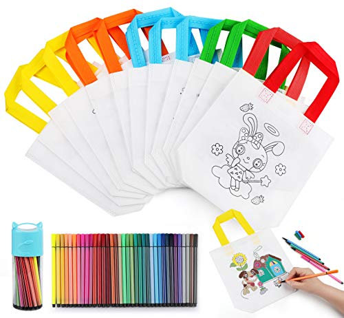 Anstore Kinder Stoffbeutel Set,12 Stück Non-Woven Tasche Zum Bemalen & 36 Farbe Buntstifte für Kindergeburtstag DIY Graffiti Taschen