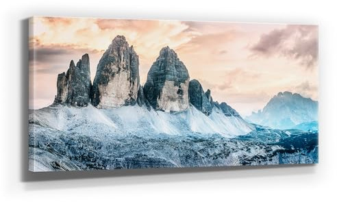 Atemberaubendes Berg-Panorama-Bild - Drei Zinnen - als 110x50cm großes XXL Leinwandbild. Wandbild als Hintergrund und Deko für Wohnzimmer & Schlafzimmer. Aufgespannt auf Holzrahmen