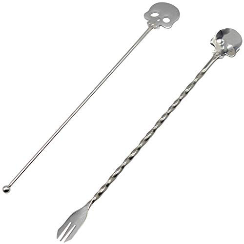 Maydahui 2 x Totenkopf-Kaffee-Rührstäbchen, Löffel und Gabel, 18/8 (304) Edelstahl, wiederverwendbare Rührstäbchen für Cocktailgetränke (Länge: 1 Stück 22,4 cm + 1 Stück 24,9 cm).