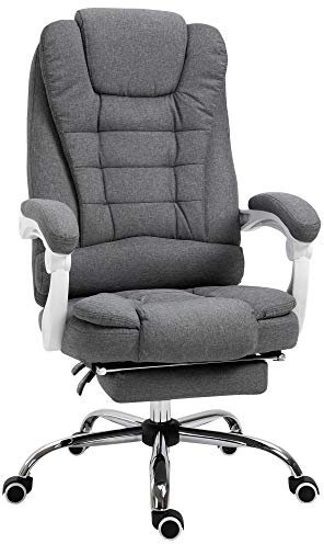 Vinsetto Office Chair, Computer Desk Chair, Linen Fabric Swivel Rolling Task Chair with Large Soft Padded Cushion, 135° Reclining Backrest and Retractable Footrest, Grey