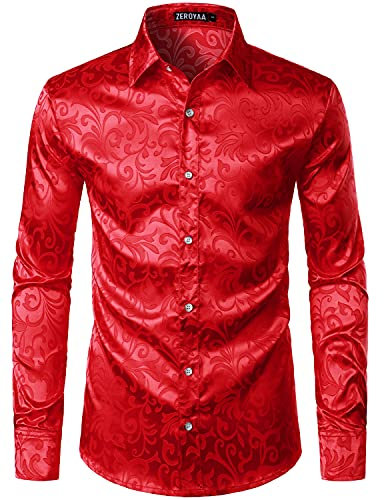 ZEROYAA Men's Luxury Jacquard Long Sleeve Dress Shirt Shiny Satin Slik Like Wedding Party Prom Shirts - red - Medium