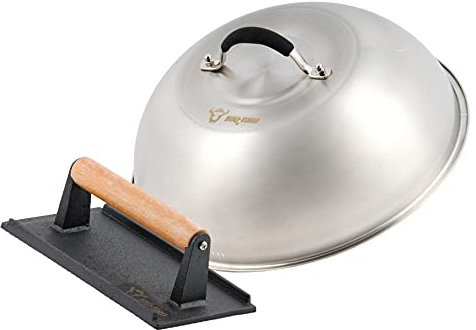 BBQ-TORO Cloche de Chauffage en Acier Inoxydable avec Poids de Viande en Fonte | Ø 31,5 cm | Cloche à Burger avec Presse à Viande, Cloche à Burger, Dôme de Fusion, Cloche de Service