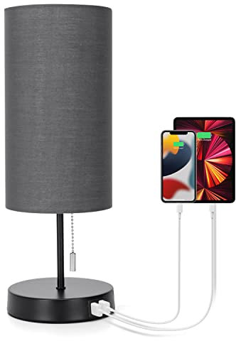 Aigostar - Lámpara de noche con 2 puertos de carga USB, lámpara de mesa E27 con interruptor de cremallera, base de metal, lámpara de escritorio para salón, dormitorio, oficina, color gris