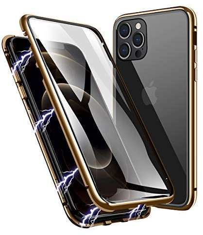 LONYAN Compatible with iPhone 12 Pro/iPhone 12 Case, Magnetic Adsorption Protective Hard Case Front and Back Tempered Glass Full Screen Coverage One-Piece Design Flip Cover (Gold)