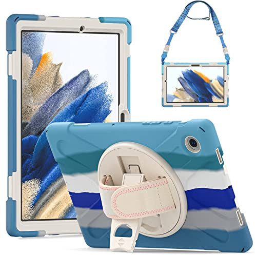 Gerutek Funda Anticaída para Samsung Galaxy Tab A8 10.5 2022 (SM-X200/X205/X207), Carcasa Rugosa con Soporte Giratorio, Correa de Mano/Hombro, Funda Antichoque para Galaxy Tab A8 10.5, Colorido Azul