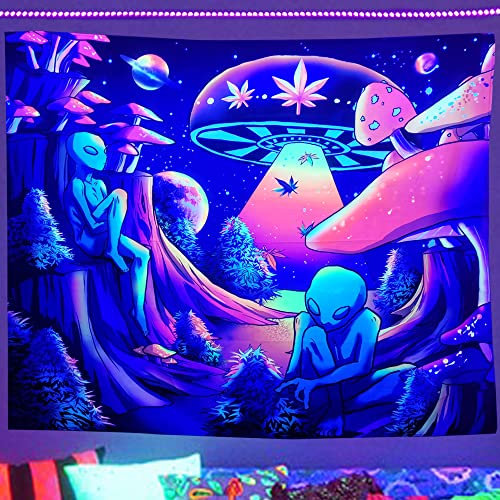 Blacklight Weed Alien Tapisserie UV Reaktives Schwarzlicht Psychedelisches Unkraut Tapisserie Wandbehang Pilz Tapisserie Schwarzlicht Tapisserie für Schlafzimmer Wohnzimmer Party Ästhetik Dekor Poster