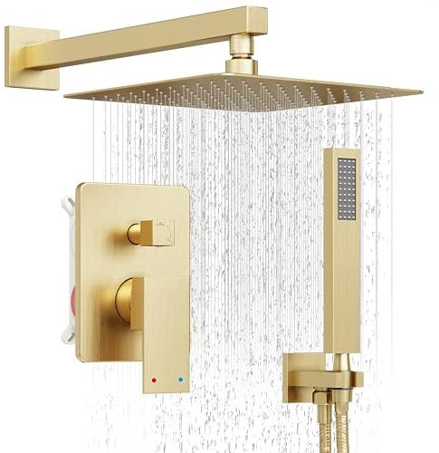 Holispa Gold Shower System, Shower Faucet Set with 10-Inch Rain Shower Head and Handheld, Wall Mounted High Pressure Shower Head Set, Shower Combo Set with Shower Valve and Shower Trim, Brushed Gold