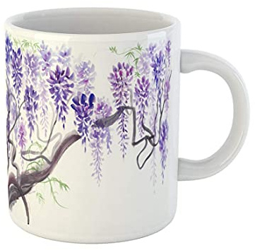 Drinking Cups Blue Original Watercolor Painting of Beautiful Wisteria Branches Mugs Cups Personalised Mugs Coloured Porcelain Mug for Colleague Tea Lovers Friend 330Ml