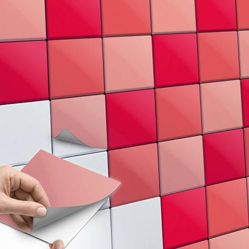 60 Stück Fliesenfolie für Bad und Küche 15x15 cm - Mosaikfliesen, Fliesensticker - Aufkleber Fliesen selbstklebend SET // Design: Rottöne