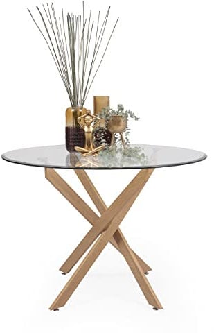 Homely - Mesa de Comedor, Cocina Redonda de diseño Moderno Dalila Wood, sobre de Cristal Templado de 110 cm de diámetro, Original Base metálica en Acabado imitación Madera, de 110x110x73 cm