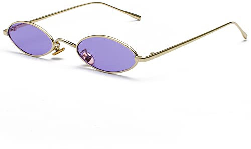 Ggpyyon Vintage Kleine Ovale Sonnenbrille für Frauen Männer Retro Hippie Gläser Brille Metallrahmen Trendy UV400 Schutz(Gold/Lila)