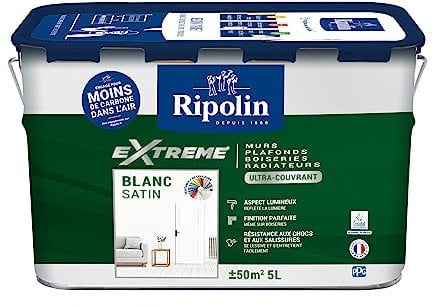 RIPOLIN - Peinture Monocouche pour Murs, Boiseries & Radiateurs - Intérieur - Finition Parfaite - Aspect Lumineux - Haute Résistance aux Chocs & Salissures - Lessivable - Satin - 5L - Blanc
