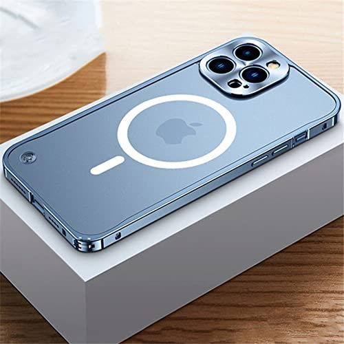 GINASH Estuche de Marco de Metal galvanizado de Lujo para iPhone 11 12 13 14 Pro MAX 12 13 Mini 14Plus Estuches de teléfono con Placa Posterior de acrílico Esmerilado, Sierra Blue 2, para iPhone 11