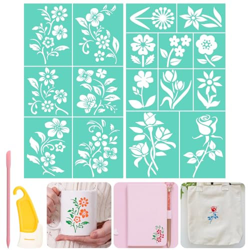 WANDIC Self-Adhesive Silk Screen Printing Kit, 2 Pcs Flower Chalk Paste Paint Stencils & 2 Pcs Squeegees for Mesh Painting Templates for T-Shirt Decor