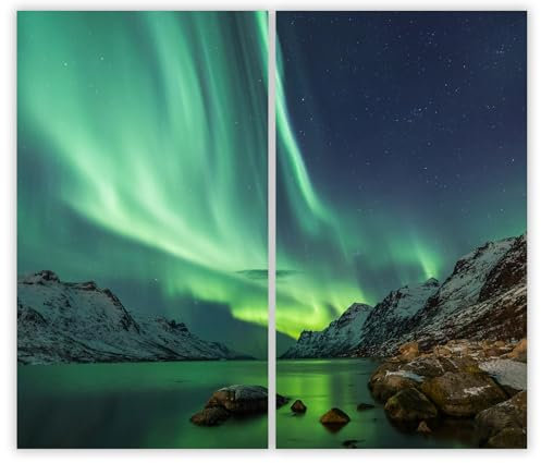 SMTDeco Herdabdeckplatte 2×30×52 cm – Mehr Arbeitsfläche, Spritzschutz & Schneidebrett – ESG Glas, kratzfest – für Induktion/Ceranfeld – 2-teilig, Motiv Nordlichter Grün