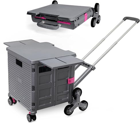 Faltbarer Einkaufswagen, Zusammenklappbarer Tragbarer Nutzwagen mit Treppensteig-Rädern und Magnetischem Deckel 80 kg Tragkraft mit Ausziehbarem Griff für Camping und Werkzeugaufbewahrung - Grau