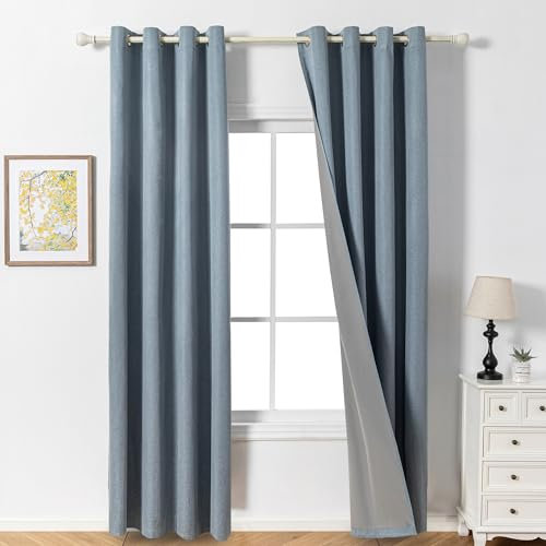 MYSKY HOME Blickdichter Vorhang mit Ösen Gardinen Kälteschutz Verdunklungsvorhänge Leinenoptik Blickdichte Gardine für Wohnzimmer,Graublau,2er Set H 245 x B 140 cm.