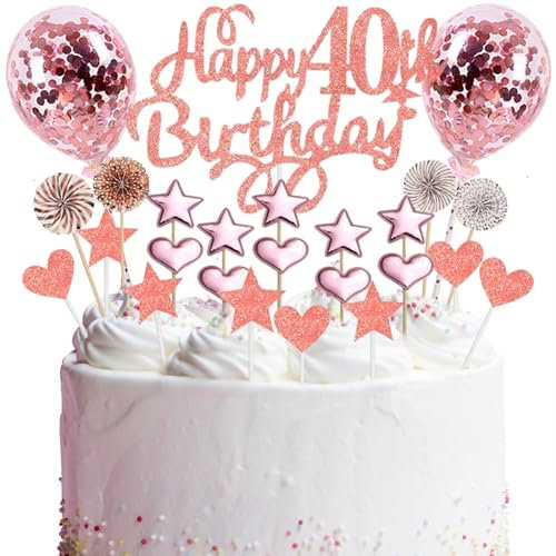JEKUGOT 40th Happy Birthday Cake Topper, 25pcs Rose Gold Glitter Happy Birthday Cake Topper Kit with Star Heart Paper Fan Confetti Balloon, Party Decorations for Women'40th Birthday Celebration