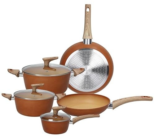 Tognana Traditional Stone, batteria pentole e padelle, 8 pezzi, alluminio, giallo ocra