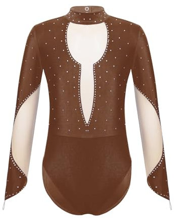 Hedmy Mädchen Gymnastikanzug Kinder Turnanzug Langarm Pailletten Gymnastikbody Trikotanzug Wettkampf Tanzkleidung Braun 122-128