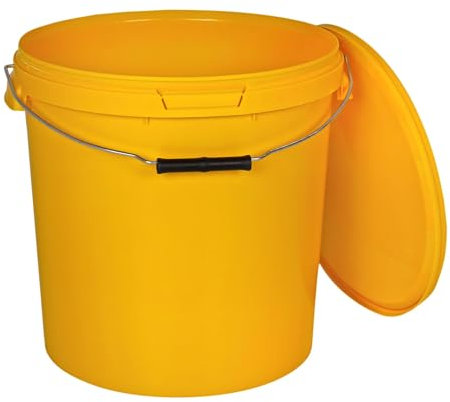 BenBow Cubo con Tapa de 30 l, Amarillo, 10 x 30 litros - Apto para Alimentos Estable hermético antigoteo Inodoro Recipiente de Almacenamiento de plástico con Mango de Metal vacío - para Uso doméstico