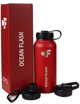 OCEAN FLASK Sports Water Bottle - 32 Oz 3 Lids Straw Lid Leak Proof (Straw, Spout and Handle Lid)- Stainless Steel Sport and Gym, Travel Bottles for Men, Women -Insulated Thermos (Fire Red)