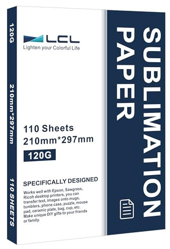 LCL Papel de sublimación A4, 210x297 mm, 110 Hojas, 120 g/m², Compatible con la Impresora de sublimación EPSON, Compatible con SAWGRASS, Compatible con RICOH, Compatible con Brother