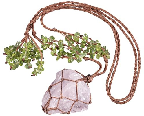 mookaitedecor Raw Rose Quartz Crystal Necklace Bohemian Necklace for Women Men, Woven Net Crystal Chips Sweater Necklace Precious Stone Boho Necklace Green Pink Healing Crystal Necklace Jewellery Gift