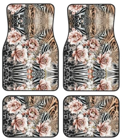 Pink Flower Leopard Premium wasserdichte Automatten Komplettset 4-teiliges Set Autoteppich Autozubehör Universal Fit für PKW, LKW usw