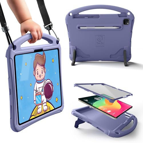 Bam Bino Space Suit Coque Rugged pour iPad Air 11 M2/M3 (2025), Pro 11 M4 (2024), iPad 10e génération, Coque pour Enfants avec Protecteur d'Écran Intégré, Poignée, Support, Bandoulière (Nebula Violet)