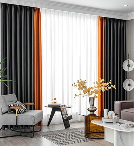 Aotiwe Moderne Gardinen Wohnzimmer, Verdunklungsvorhänge Zweifarbiges Patchwork Dunkelgrau Orange Gardinen Küche Vintage Polyester 2er Set 107 x 214cm