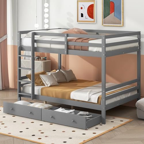 Merax Etagenbett 140x200 cm für Kinder, mit Schubladen, Stauraum und hohen Geländern – Grau, aus Kiefernholz und MDF ohne Matratze