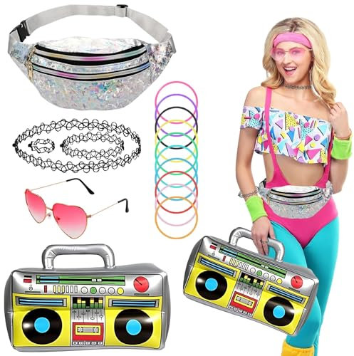 90er Jahre Accessoires,80er Jahre Outfit Damen mit Bauchtasche,Brille,Retro Radio,Bunter und schwarzer Armbänder-Set, Bad Taste Laser Gürteltasche Neon Party Zubehör für Fasching Karneval Rave Outfit