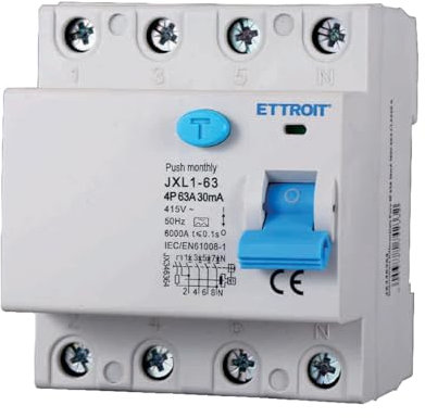 A2ZWORLD Interruttore Differenziale Puro Tipo A Trifase, RCCB Classe A 30mA 4P 63A, 3P+N 4 Poli 6kA AC 400V, Occupa 4 Moduli DIN