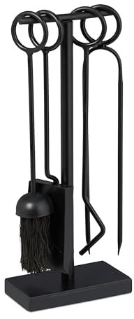 Relaxdays Accesorios Chimenea, 5 Piezas, Atizador, Escoba, Pala, Pinzas y Soporte, Herramientas de Hierro Estufa, Negro