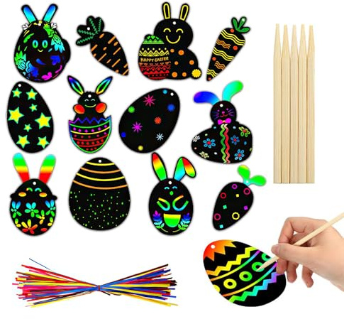 HFMYGS 36 Stück Ostern Kratzbilder, Ostern Basteln, Osterbasteln, Kleine Ostergeschenke, Ostereierhasen Kratzstift Scratch Art für Osterfest Party Deko, DIY Handwerk