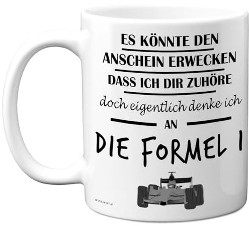 Formel-1-Geschenke – Eigentlich Denke Ich an die Formel 1 – Lustige F1-Tasse, Geschenke für F1-Fans, Formel-1-Präsente, 325 ml Premium-Keramiktasse, spülmaschinenfest