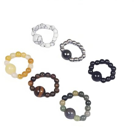 NUZUJX 6 Stück natürliche Edelsteinperlen Elastizität Fingerringe Set 4 mm Stein Kupfer Perlen elastische Ringe Schmuck für Damen Herren
