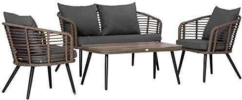 UATARU Polyrattan Garden Furniture Set for 4-Person, 2 Seater Sofa with 2 Armchairs and Glass Top Tea Table, Cushion Included, Steel Frame