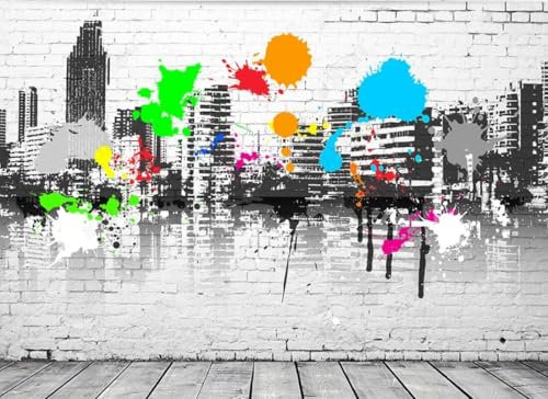 CLVIUJLBKLKSDD Photo Wallpaper Modern 3D Black and White City Architecture Colourful Graffiti Background Wall 430cmx300cm Decoration Living Room Bedroom Restaurant Cafe Mural
