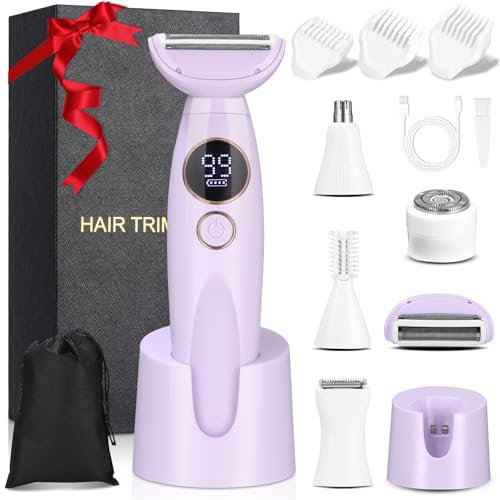 Rasoir pour femme 5 en 1 - Rasoir intime pour femme - Rechargeable - Rasoir électrique avec station de charge USB - Pour le corps, les aisselles, le bikini, les sourcils et le nez - Violet