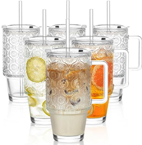 KEMORELA 6-Pack 24oz Glass Cups with Lids and Straws, Ribbed Textured Tumblers with Handle, Reusable Clear Drinking Glasses for Iced Coffee, Bubble Tea, Dishwasher Safe, Drinkware Set