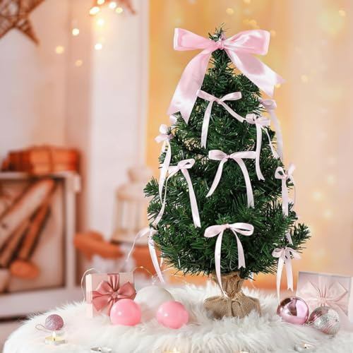 Cinnvoice 2 ft Mini Christmas Tree with Pink Bows Artificial Small Christmas Tree Decorations Pink Ribbon DIY Xmas Tabletop Centerpiece Coquette Xmas Party Decor