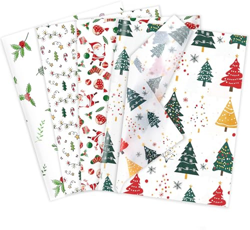 Larcenciel Seidenpapier Weihnachten, 60 Blatt Rot Grün Seidenpapier Verpackungsmaterial zum Geschenktüten & Verpacken, Festliche Geschenkpapier mit Weihnachtsmann & Baum für Neujahr Party DIY 50x35CM