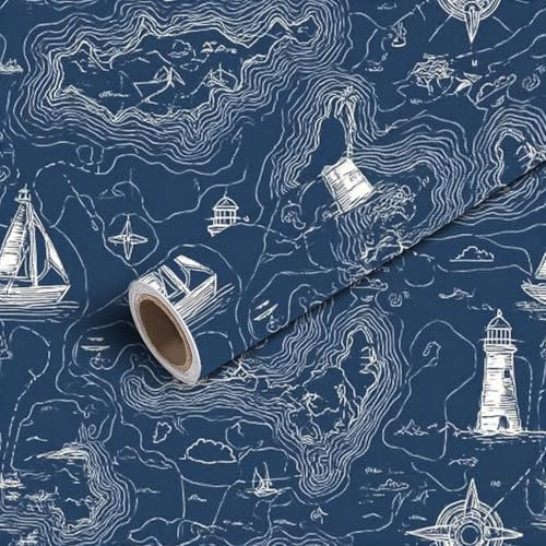 DERUINVAIO 45x300cm Peel and Stick Wallpaper Sea map Seamless Linear Nautical Backdrop Islands Contact Paper Self Adhesive Removable Wallpaper Waterproof for Backsplash Bedroom Kitchen