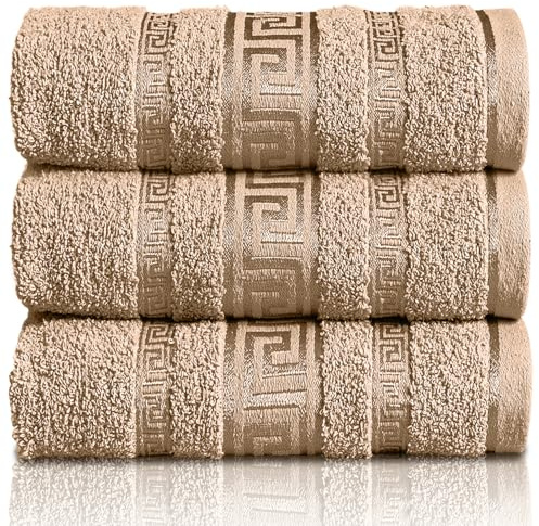 GC GAVENO CAVAILIA Greek Bath Sheet - Pack Of 3 100% Egyptian Cotton Towels Bath Sheets - Extra Large Soft Highly Absorbent Quick Dry Towel (90x150 cm) - 550 GSM Towels For Bathroom - Natural