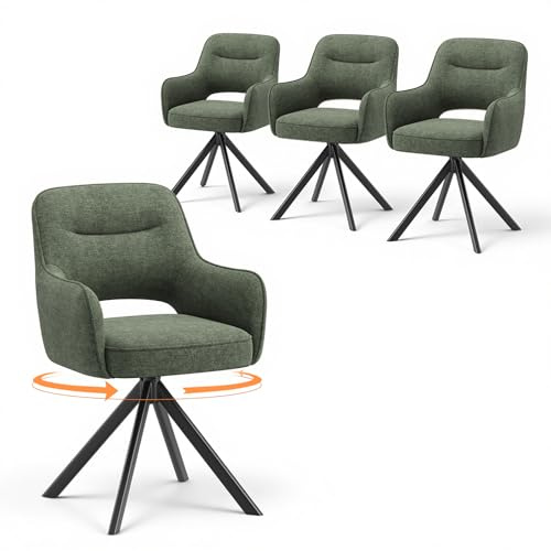 COLAMY Drehbare Esszimmerstühle 4er Set mit Armlehnen, Drehbare Polsterstühle für Küche & Esszimmer aus weichem Florstoff mit Metallgestell und Rückenlehne, für Esszimmer, Küche, Büro,Grün